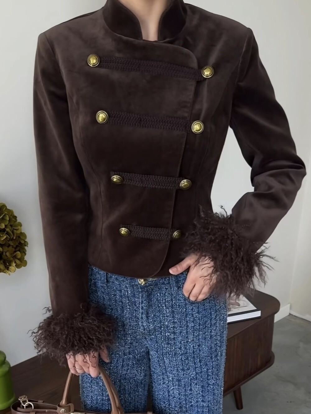 Dark Brown Suede Cropped Jacket Women Solid Stand Collar Gold Button Fluffy Faux